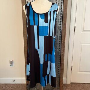 NWOT Baby Blue and Black Geometric Pattern Sleeveless A-Line Shift Dress - L